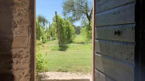 A rustic wooden door leading to a grassy outdoor area with a clear blue sky. - Cervano Ecli: apartment for 5 with original fireplaces from 1886 (Lombardia)