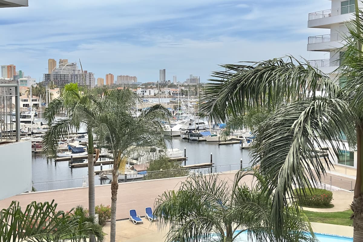 A marina with boats, palm trees, and a cityscape in the background.