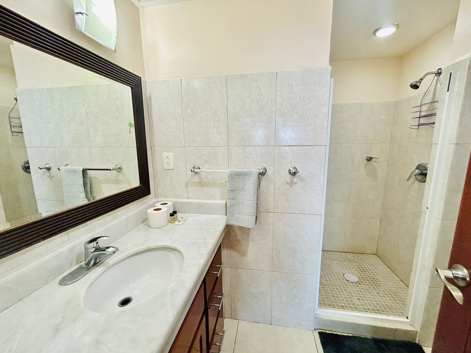 Baño con lavamanos, espejo, toallero y ducha.