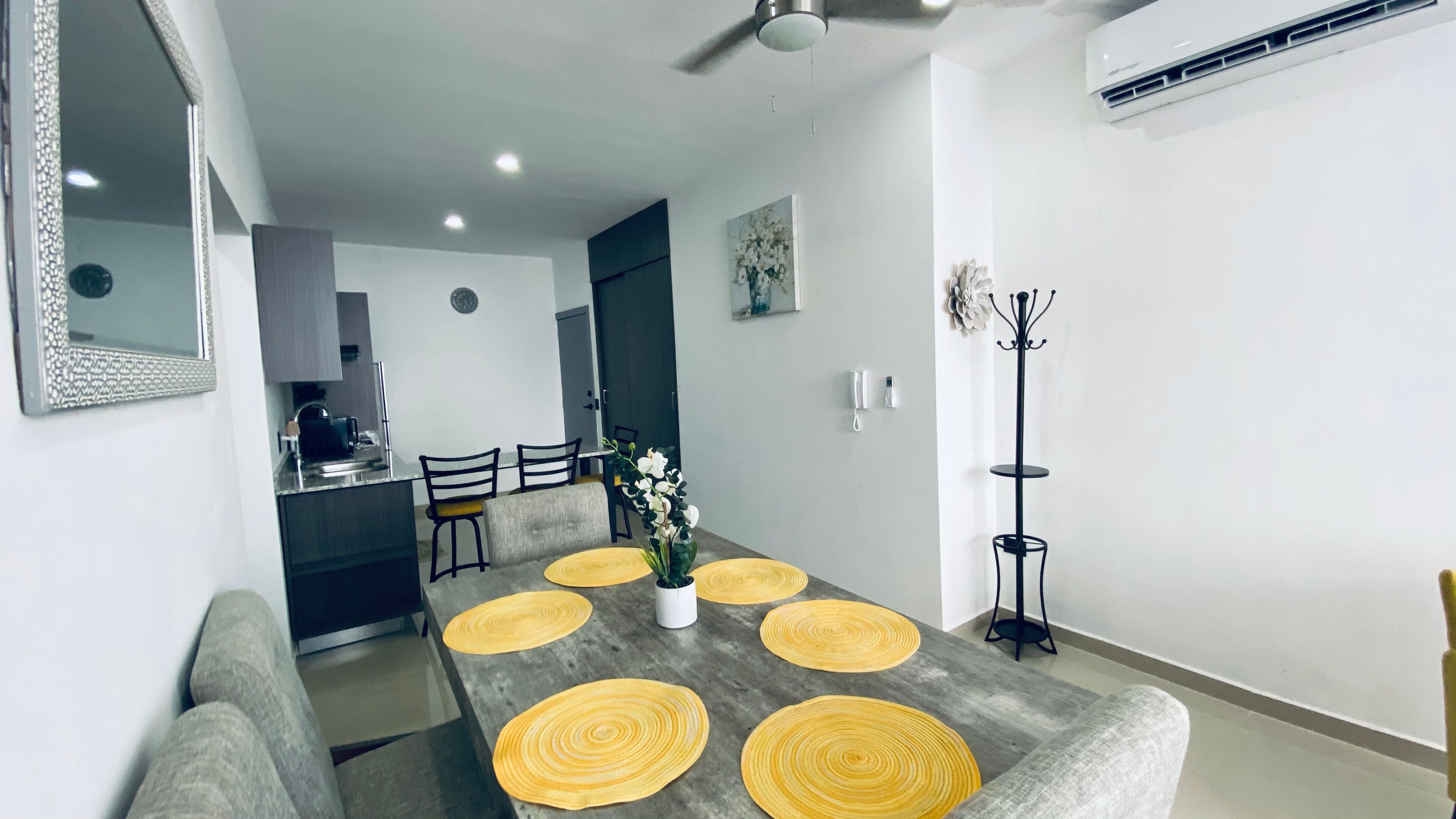 Un comedor con una mesa gris, individuales amarillos y una planta en maceta. Hay un perchero negro y un espejo en la pared.