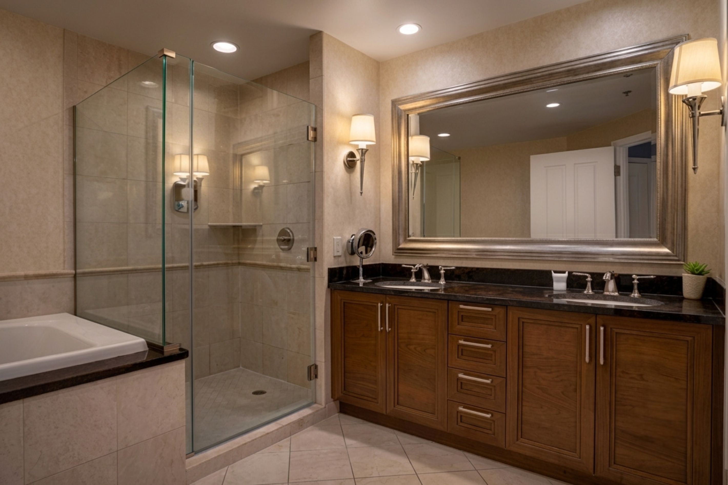 A modern bathroom with a glass-enclosed shower, a large mirror, and wooden cabinetry.