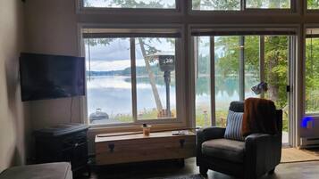 TV connectée, cheminée, livres, écrans d'ordinateur