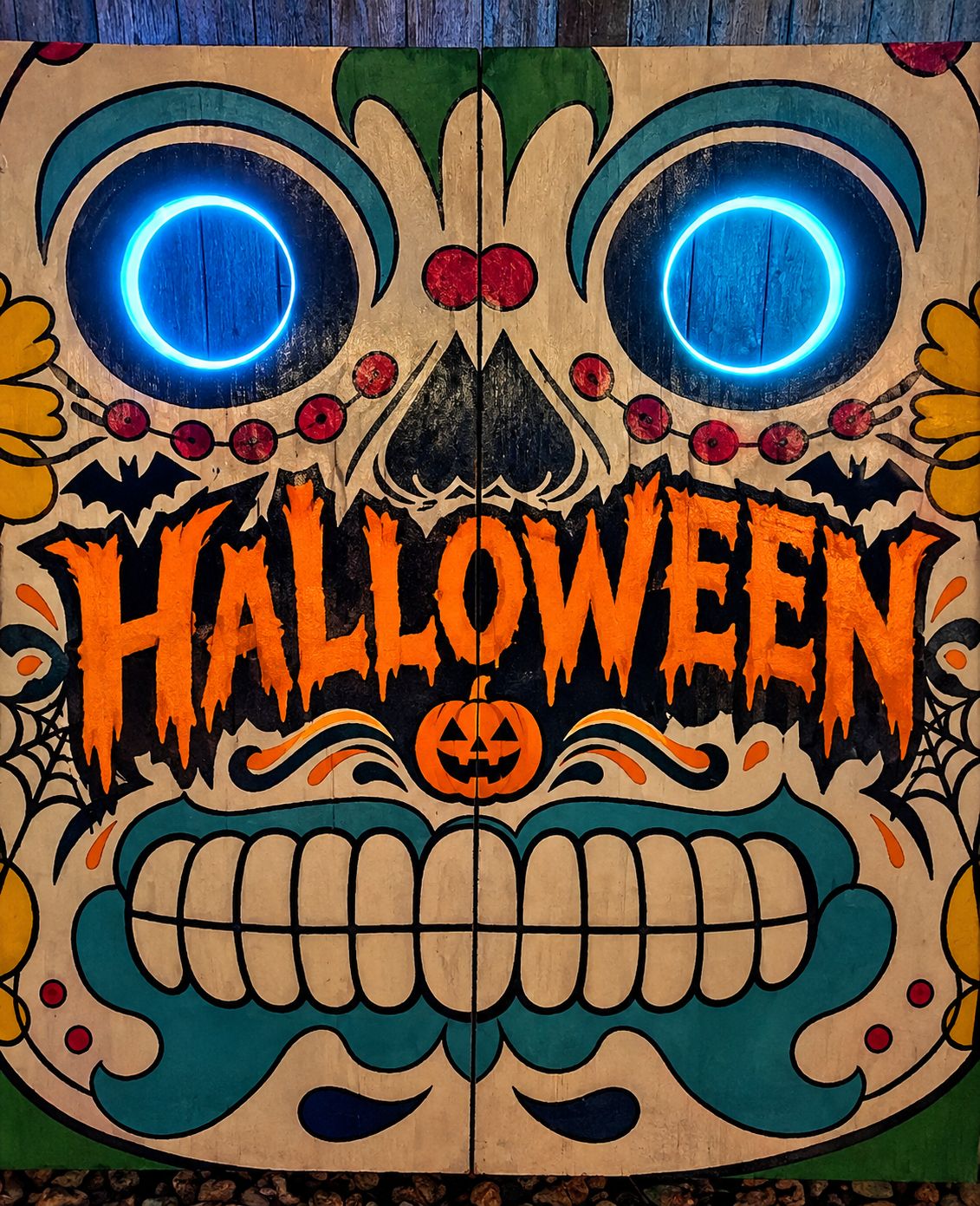 Kunstwerk zum Thema Halloween mit einem zentralen Kürbisfoto und der hervorgehobenen Aufschrift 'HALLOWEEN'.