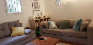 Télévision, cheminée, livres