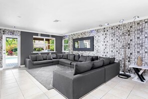 TV, fireplace, table football, ping pong