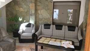 A living room with a stone wall, a sofa, a chair, a coffee table, and a potted plant. - Step Inn (Alba Iulia)