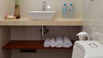 Shower, rainfall showerhead, designer toiletries, towels