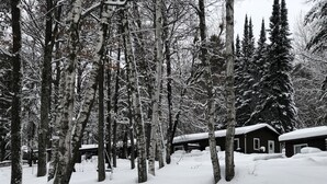 Ein verschneiter Wald mit mehreren Holzhütten.