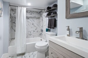 Hair dryer, towels, soap, shampoo