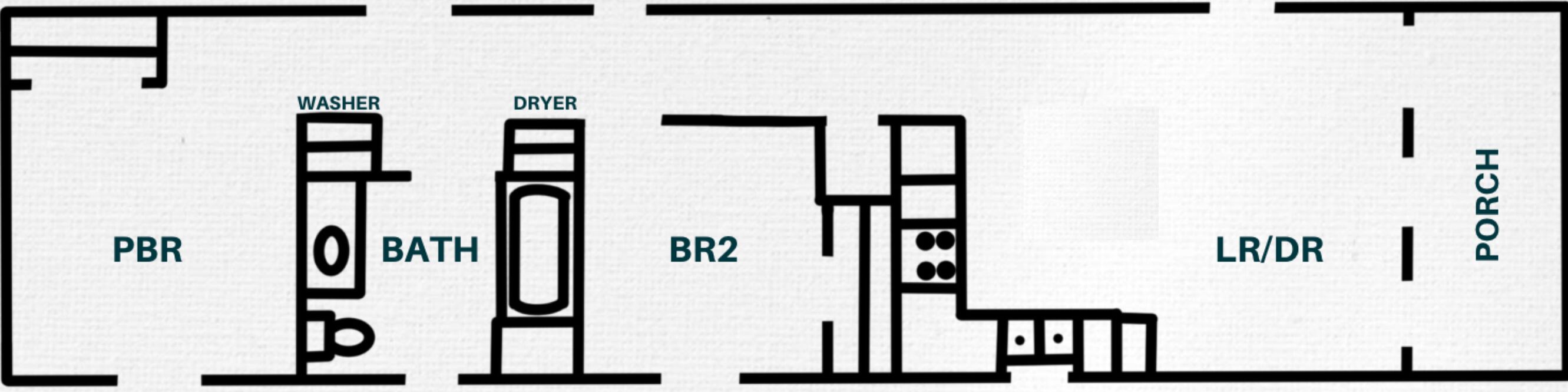 Pianta degli ambienti con indicazioni: PBR, BAGNO, BR2, SALOTTO/SALA DA PRANZO e PORTICO.