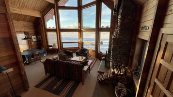 Smart TV, fireplace, books, computer monitors