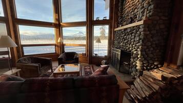 Smart TV, fireplace, books, computer monitors