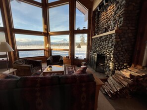 Smart TV, fireplace, books, computer monitors