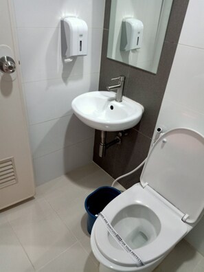 Douche, douche à « effet pluie », articles de toilette gratuits, savon