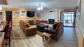 Smart TV, fireplace, foosball