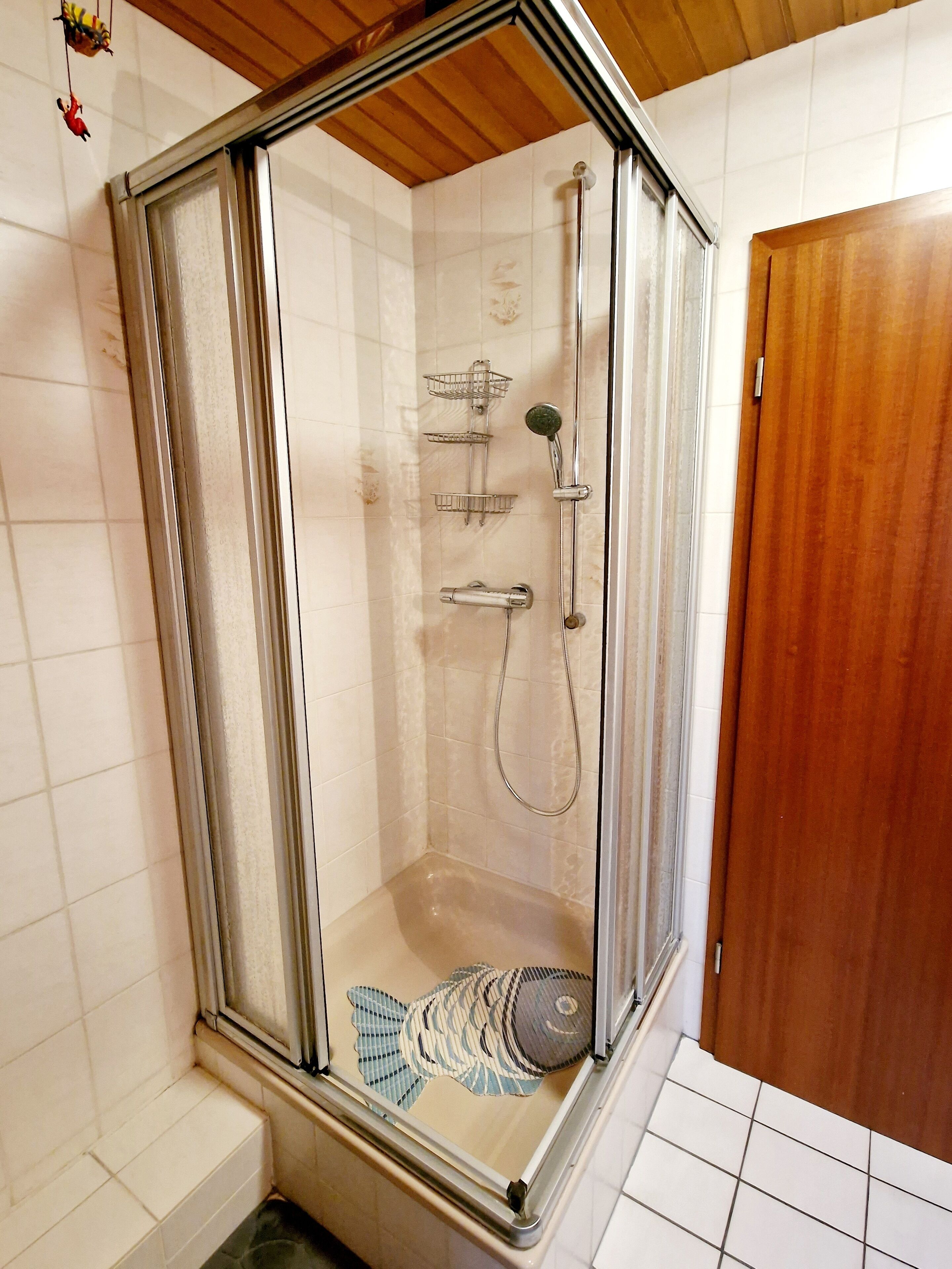Ducha envuelta en vidrio con cabezal de ducha, ducha de mano y llave empotrada en la pared.