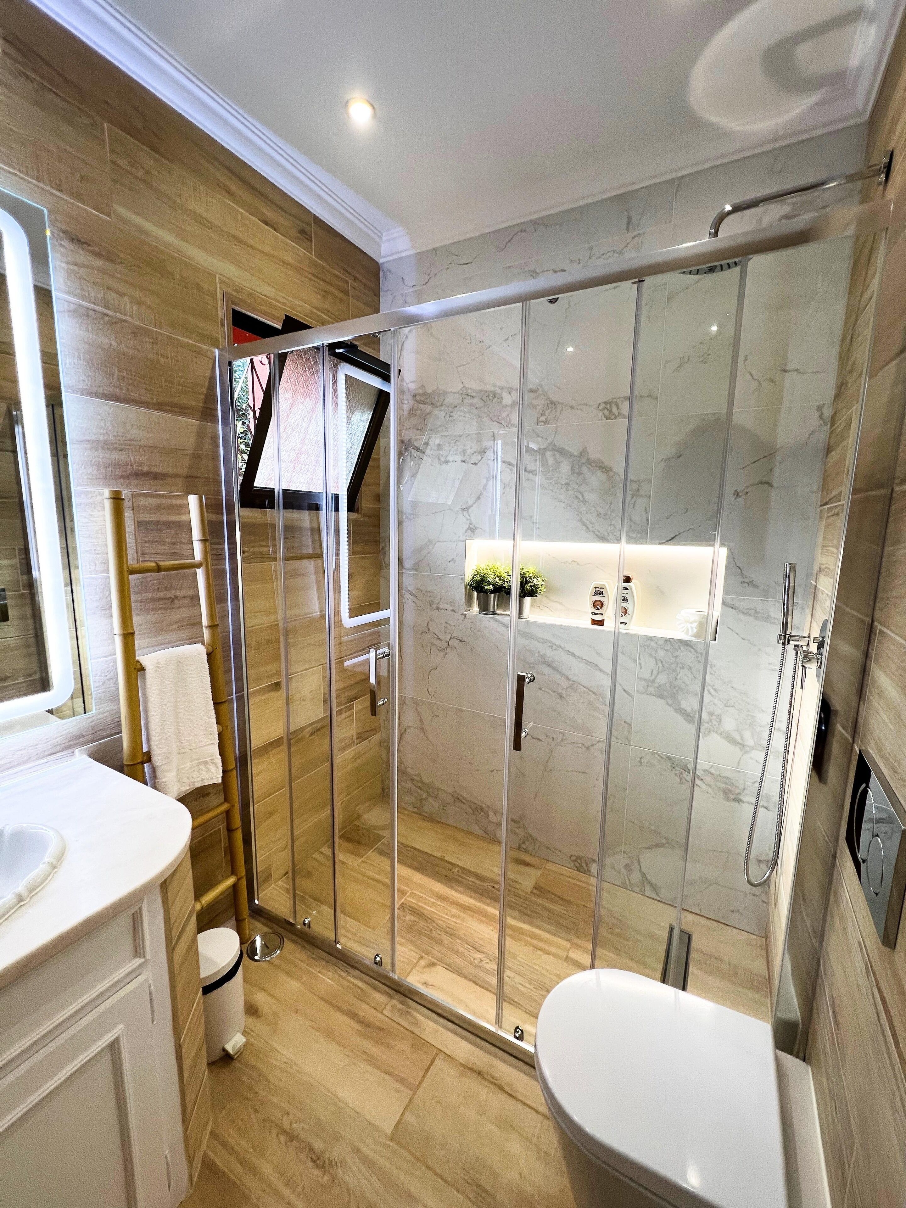 Shower, hair dryer, bidet, towels