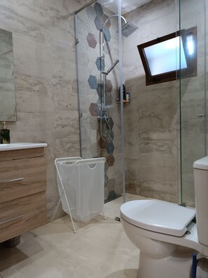 Shower, bidet, towels, soap