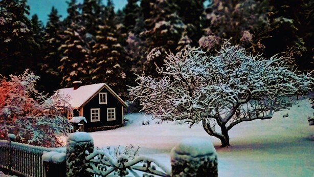 A snow-covered landscape with a house, a tree, and a fence. - In the footsteps of Astrid Lindgren - vacation home with 110 sqm (Trånshult)