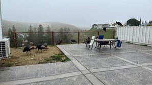 A patio area with concrete flooring, a table with chairs, and a white fence. - Beautiful place and view to rest and clear your mind.#1 (Antioch)
