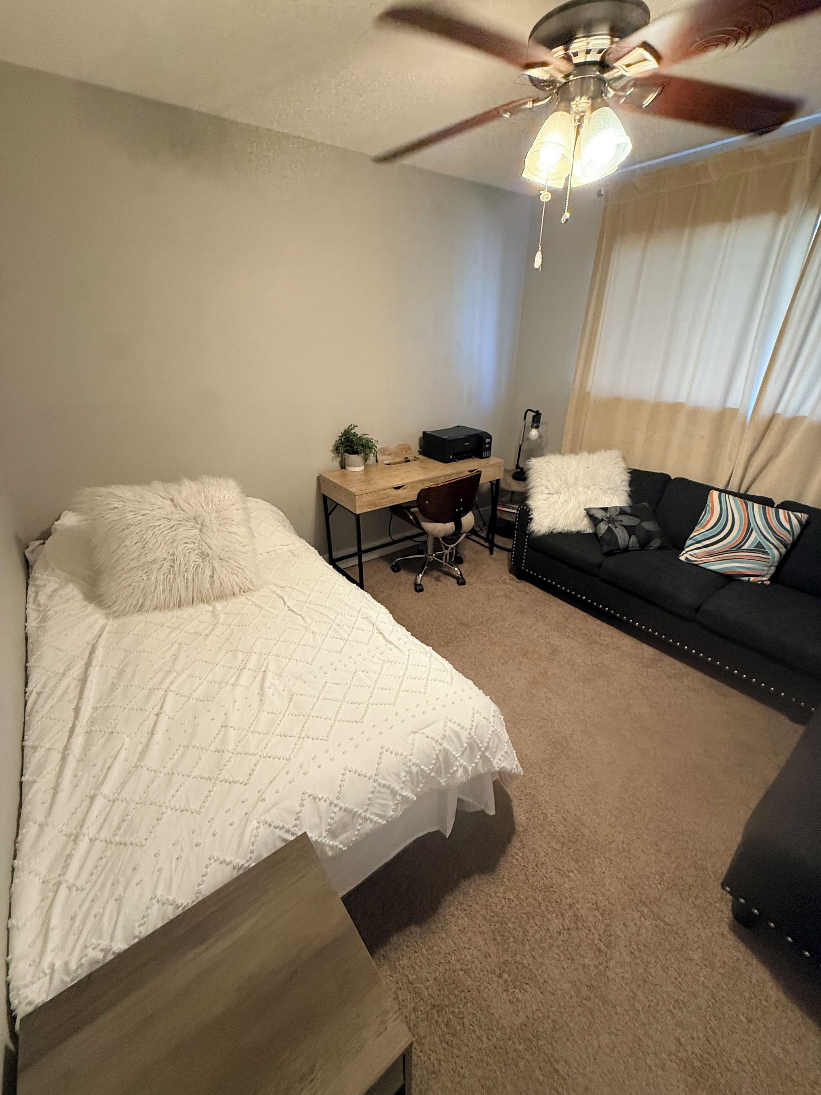 A bedroom with a bed, a desk, a chair, a sofa, a ceiling fan, and a window with curtains.