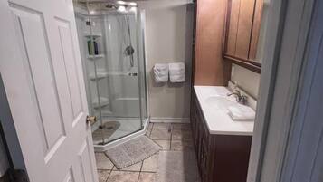 Hair dryer, towels, soap, shampoo