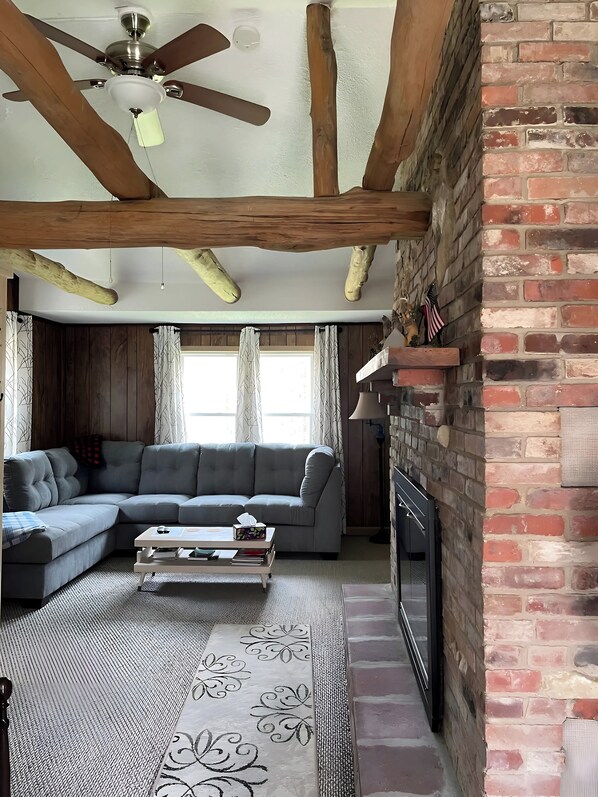 TV, fireplace, books