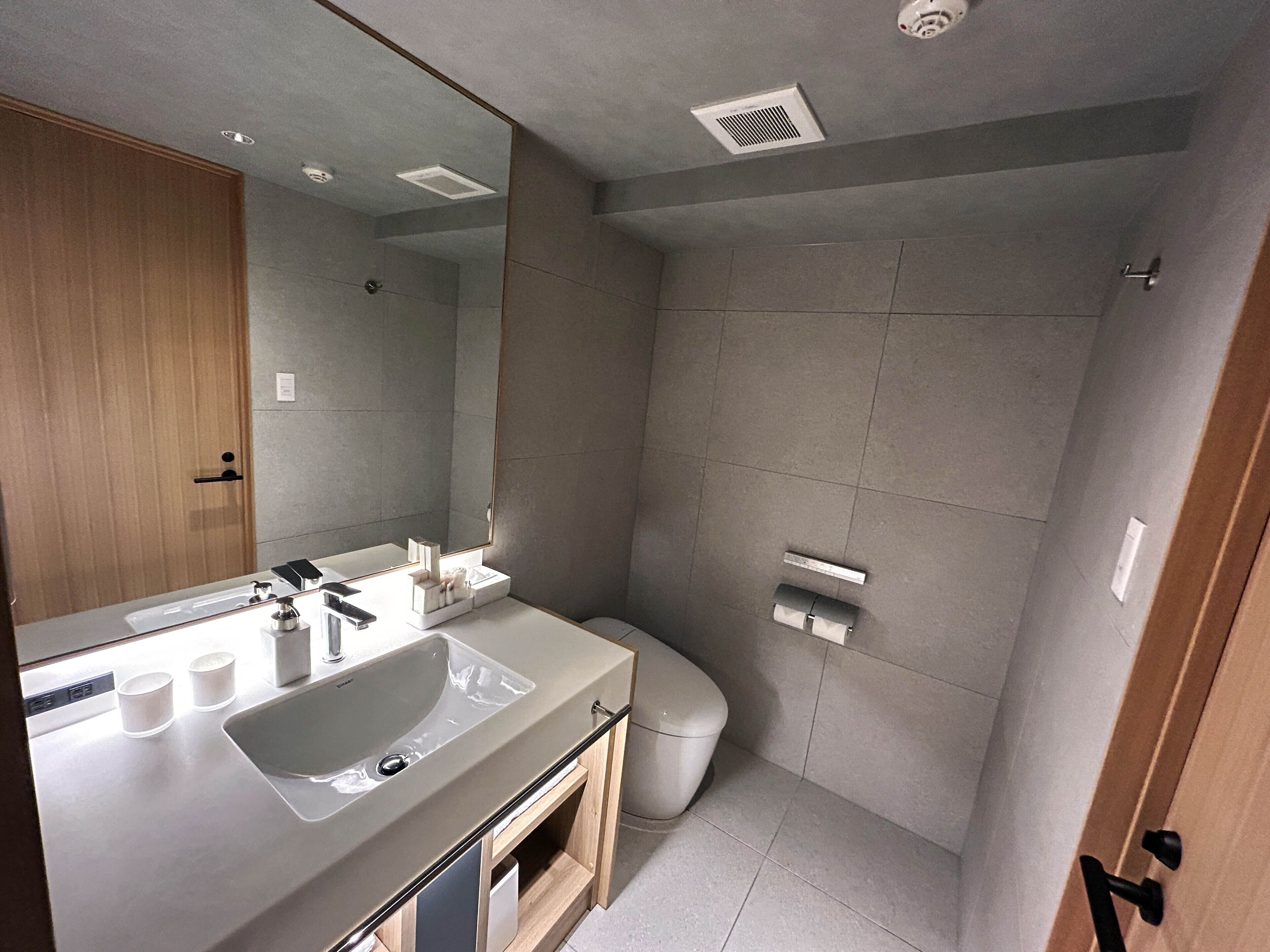 Un bagno moderno con uno specchio grande, un lavandino e un WC.