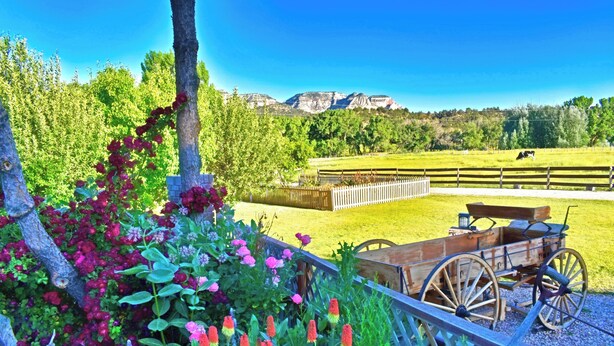 A rustic outdoor setting with a wooden cart, a fenced area, and a mountain backdrop.