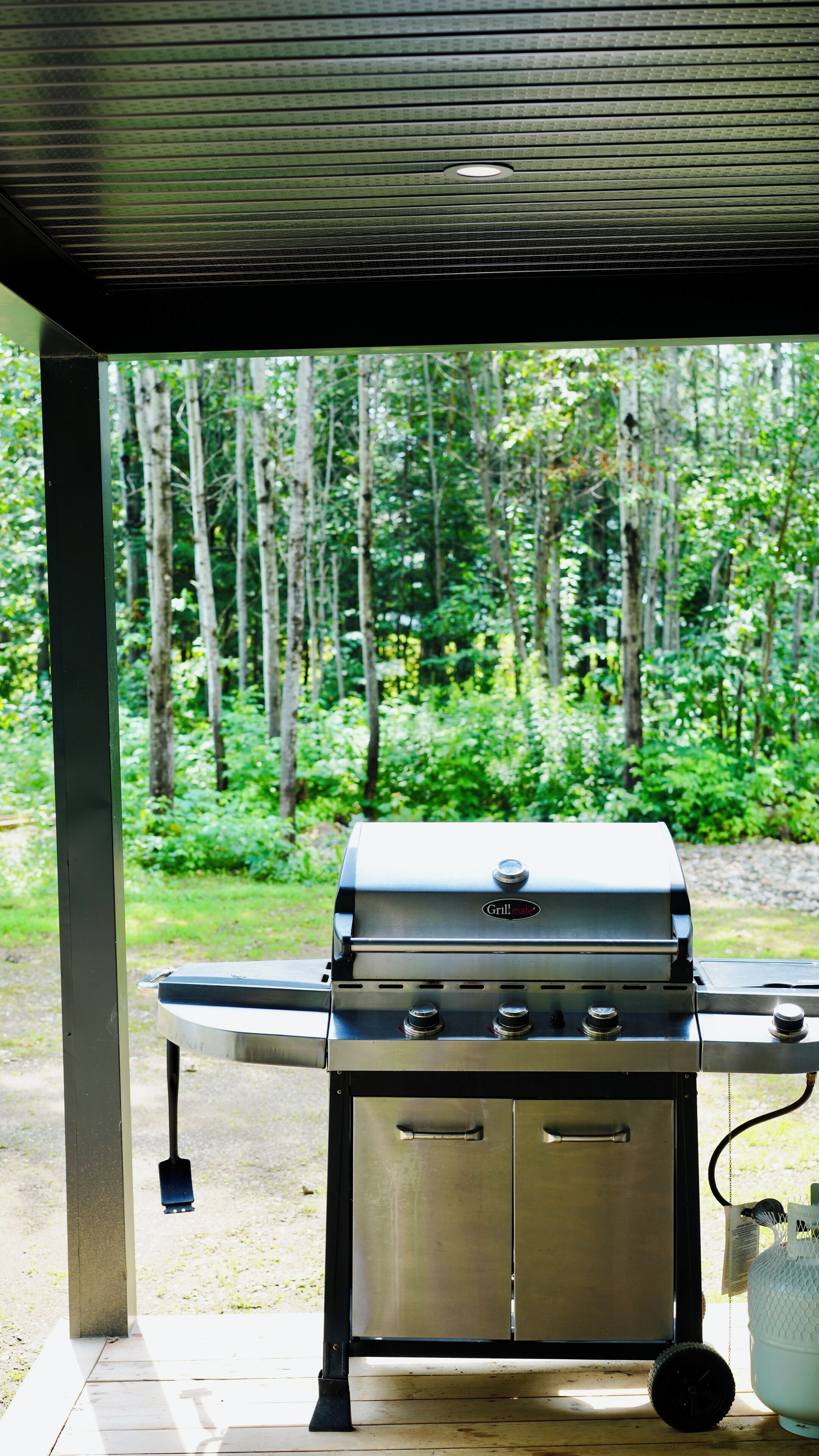 A stainless steel grill with four burners, a water container, and a gas hose.