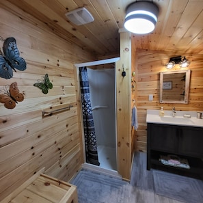 Dusche, Haartrockner, Seife, Toilettenpapier