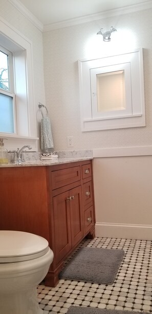 A bathroom with a toilet, wooden vanity, marble countertop, patterned wall, and a ceiling light fixture.