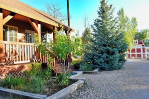 Eine Holzhütte mit Veranda, umgeben von einer Schotterauffahrt und einem kleinen Garten mit verschiedenen Pflanzen und einem Nadelbaum.