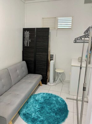 Une petite pièce, de taille modeste, avec un canapé gris, un tapis bleu, une armoire, une petite table et un radiateur.