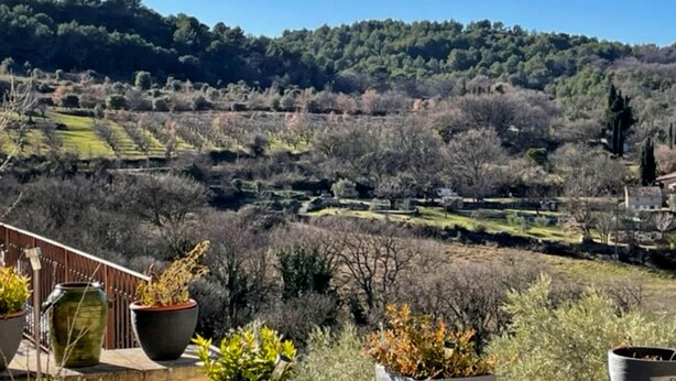 A view of a rural landscape with terraced fields and a forested hill in the background. - Nice home in La Roque-sur-Pernes (La Roque-sur-Pernes)