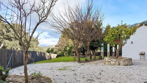 A garden with a gravel path, trees, a stone wall, and a pergola with a grill.