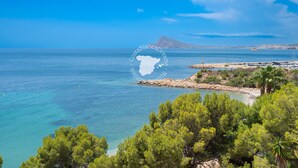 Paisagem costeira com vista clara para o mar, um litoral rochoso e árvores verdes densas.