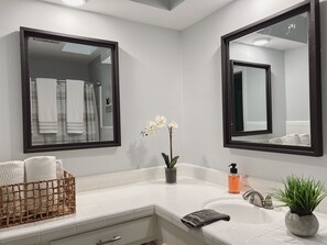 Hair dryer, towels, soap, shampoo