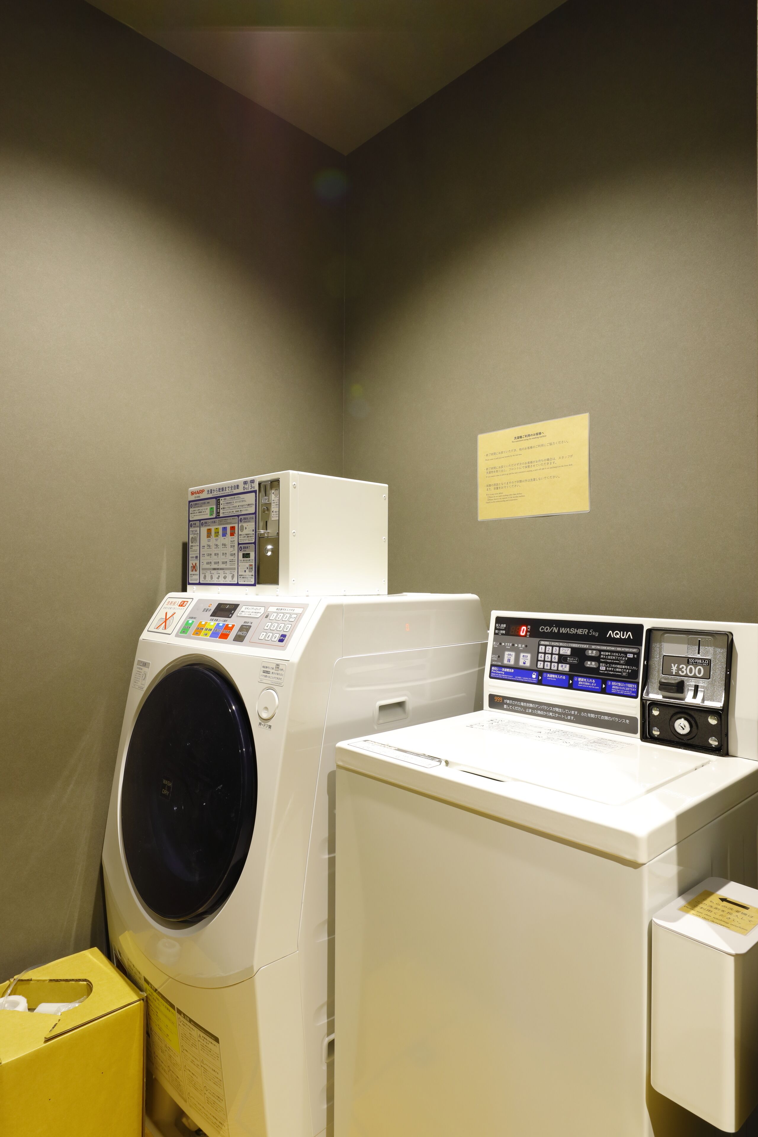 A laundry area with a front-loading washing machine and a coin-operated dryer.