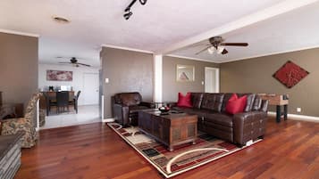 Smart TV, fireplace, table tennis, books