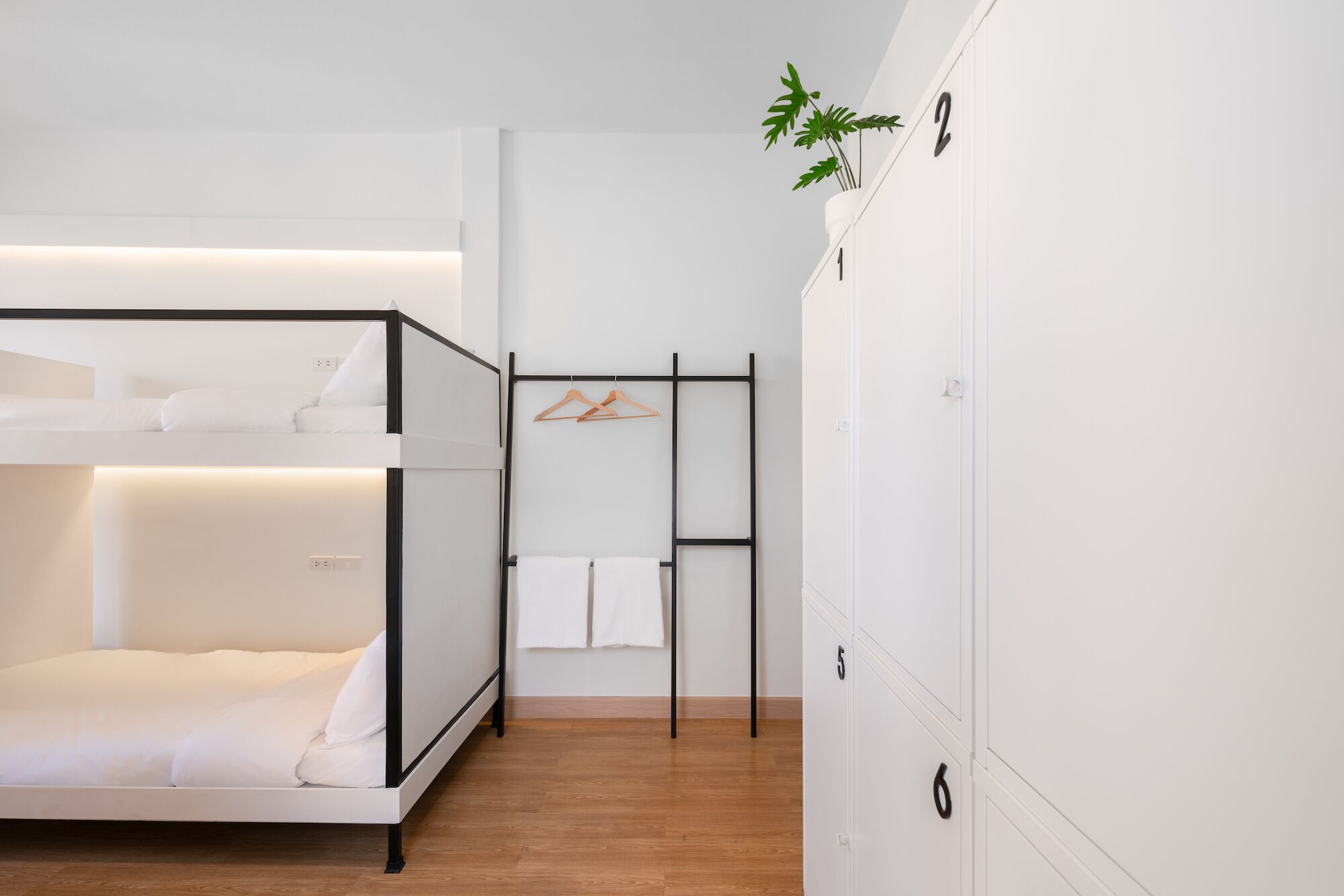 A bunk bed room with a wooden floor, a black metal rack with a towel, and a small plant on the wall.