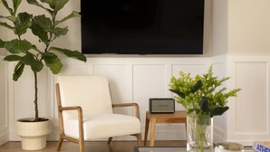 A living room with a white chair, a small wooden table, a television, and a potted plant. - Meliti Apartment in Plaka (Athens)