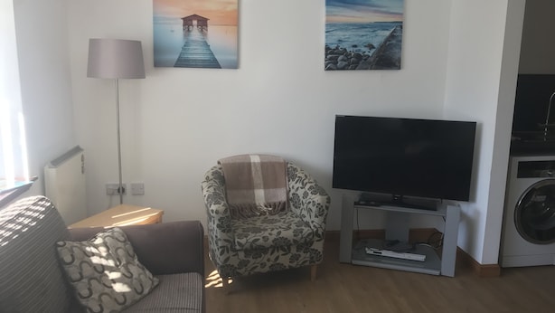 A living room with a sofa, a chair, a flat-screen TV, a lamp, and two wall-mounted paintings. - Lovely 1-bed Cottage in Hopeman (Elgin)