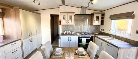 Cabin | Private kitchen | Fridge, microwave, oven, stovetop