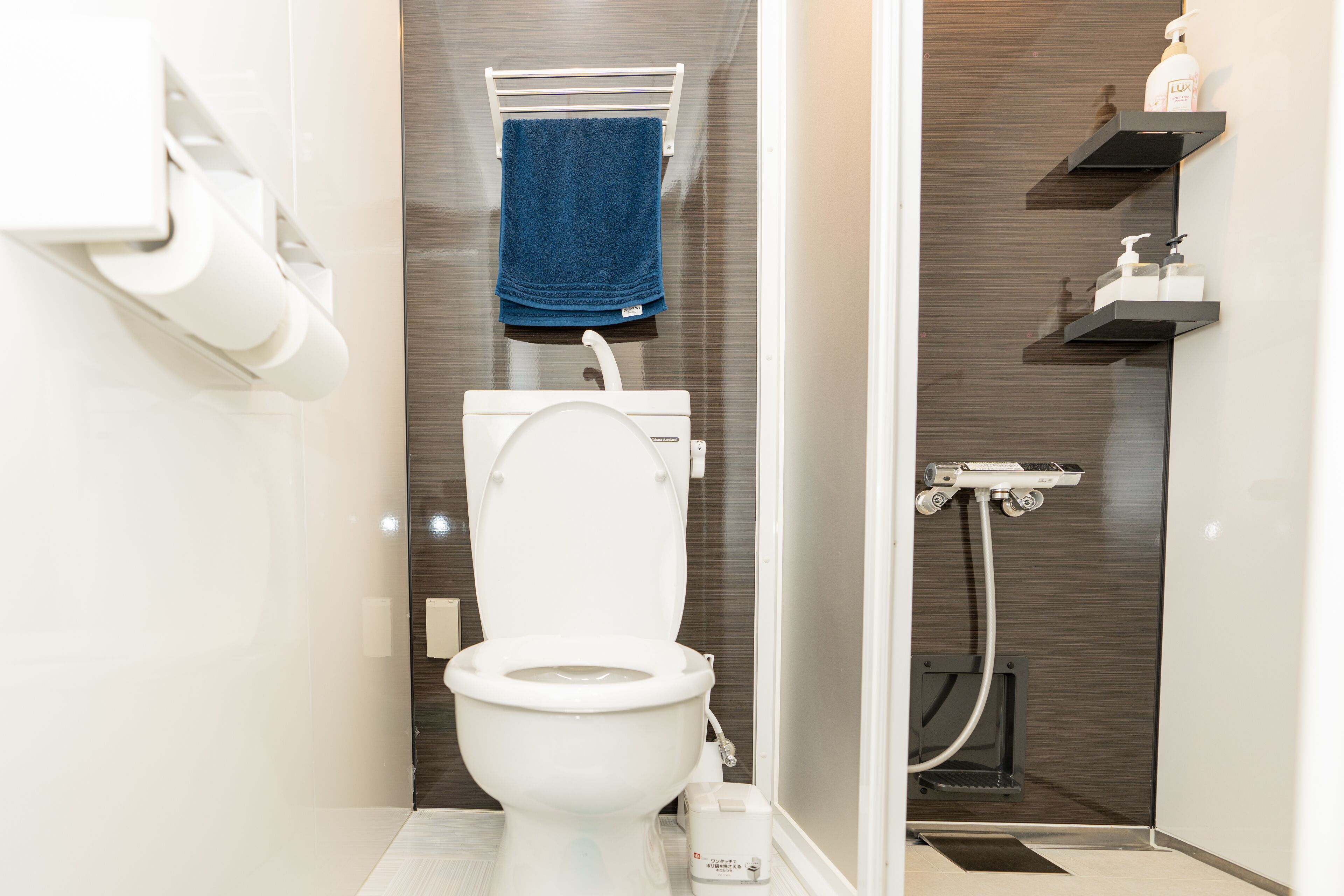 Een moderne badkamer met toilet, een handdoekhouder en een douchehoek.