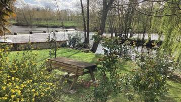 Un banco en un jardín con un estanque y árboles.