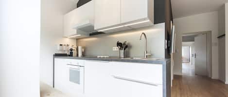 Fridge, stovetop, dishwasher, coffee/tea maker