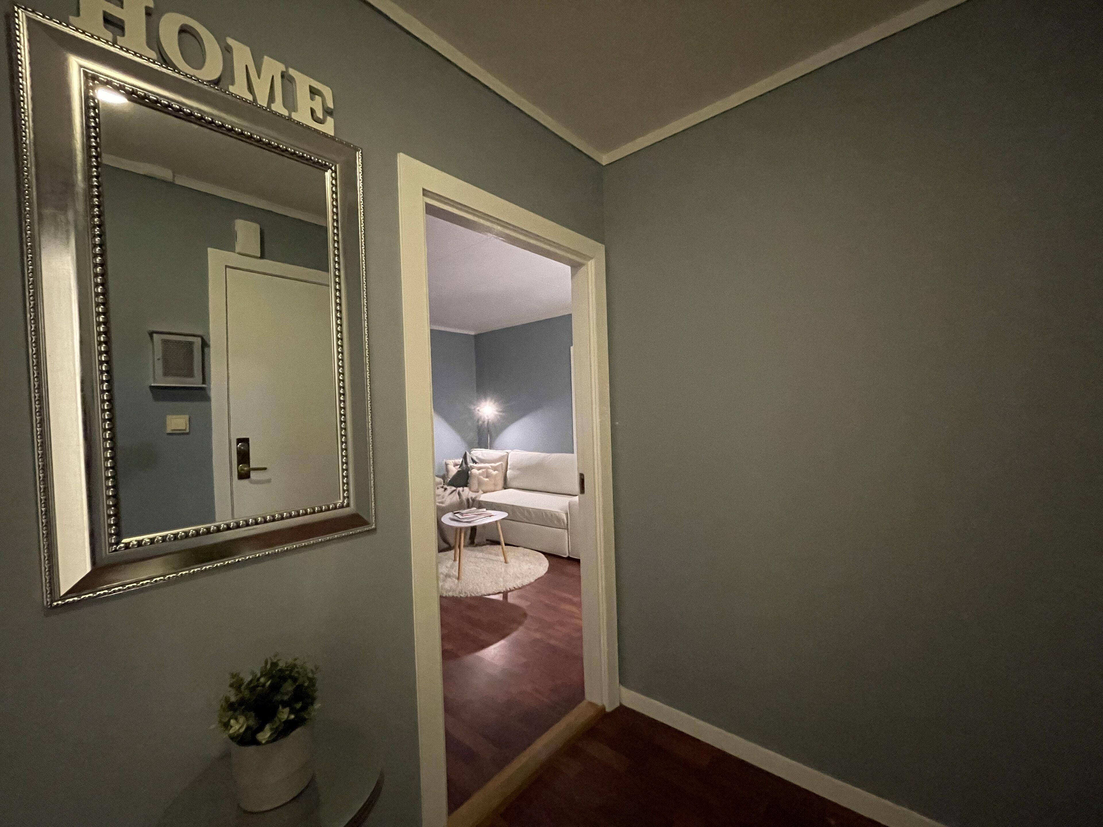 A hallway with a mirror reflecting a room, a door labeled "HOME", and a small plant on a console table.