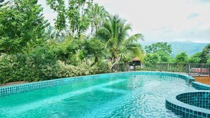 En swimmingpool omgivet af frodig vegetation og udsigt til fjerne bjerge.