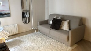 A living room with a grey sofa, a white shag carpet, a white radiator, and a large mirror on the wall. - Paris Studio atypique - Place des victoires (Paris)